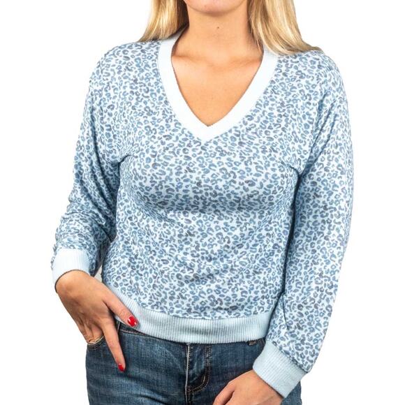 NWT Lucky Brand Light Blue Leopard Print V-Neck Sweater – Women’s Large - Picture 1 of 7